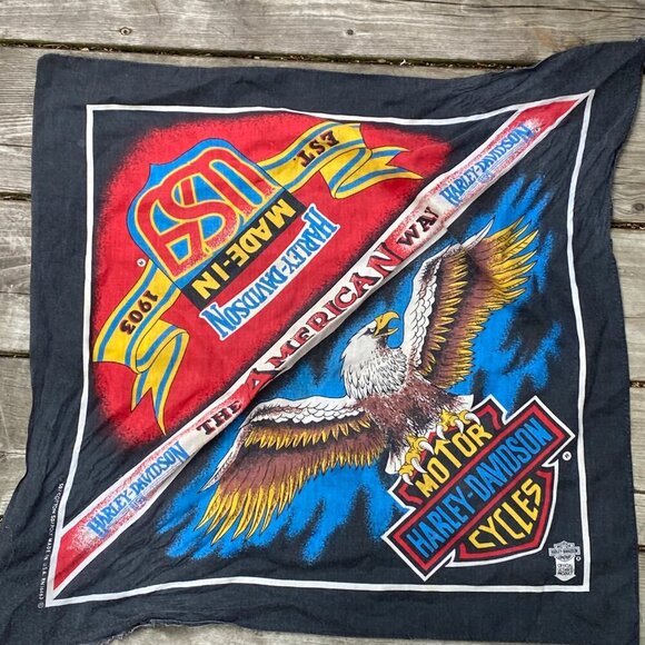 Vintage 90s Harley Davidson Bandana 'The American Way' Faded Eagle Black - Picture 2 of 6